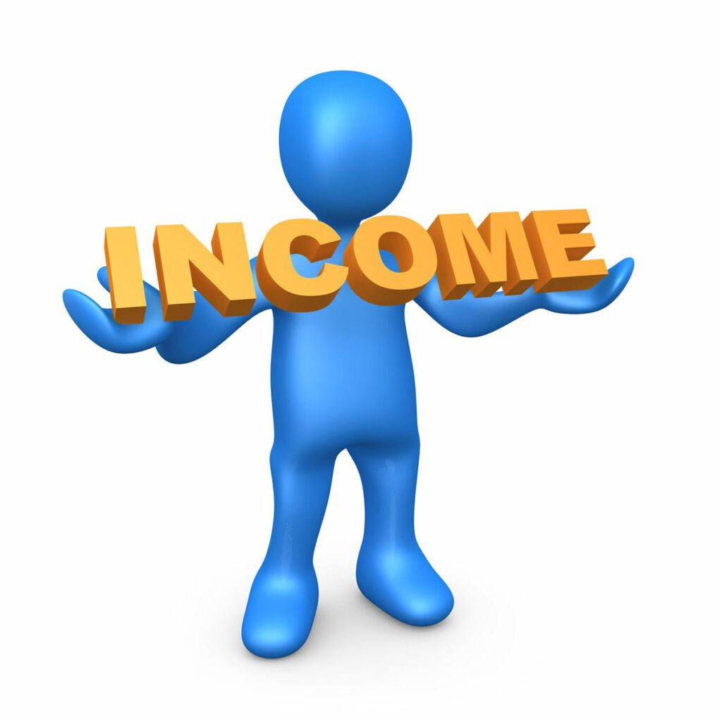 Blue 3D Figurine of a person with outstretched arms holding the word "Income".