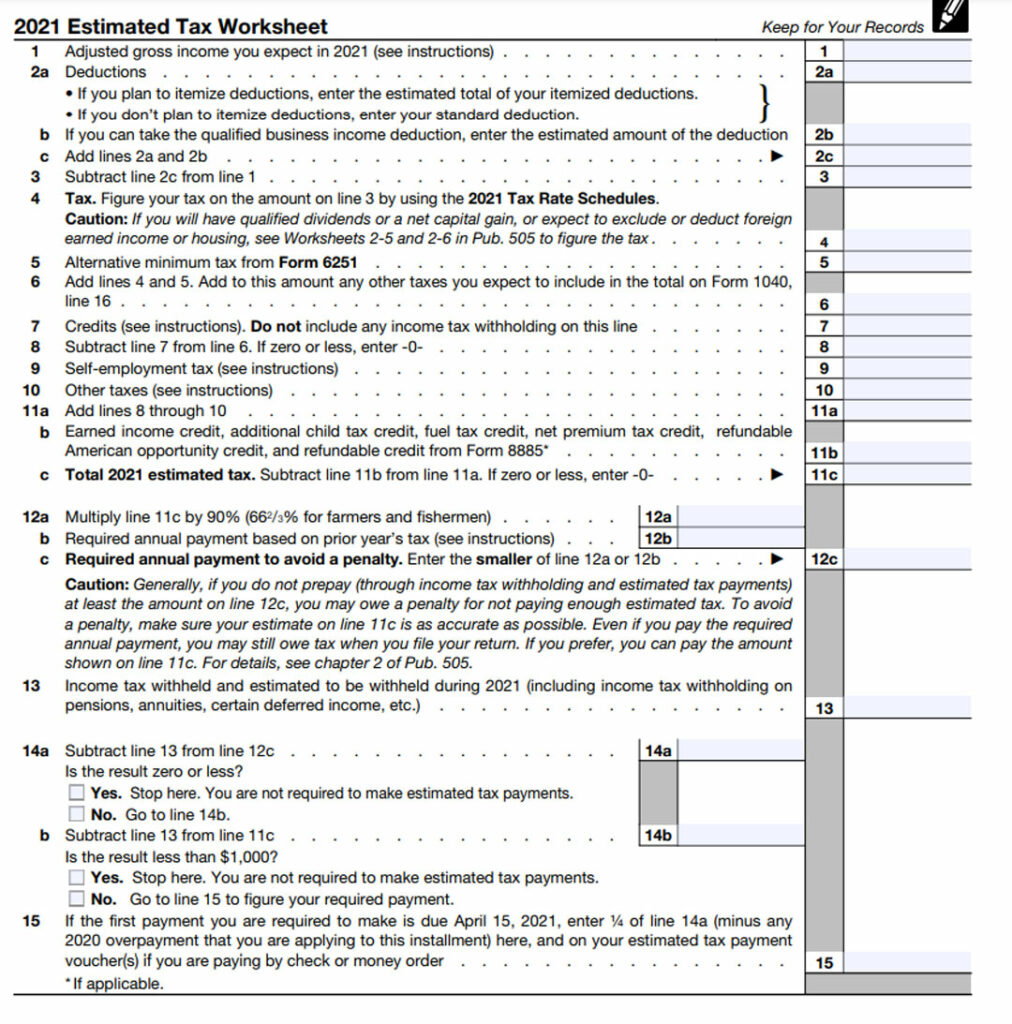Screenshot of the 2021 Estimated Tax Worksheet from the IRS 1040-ES Booklet. 