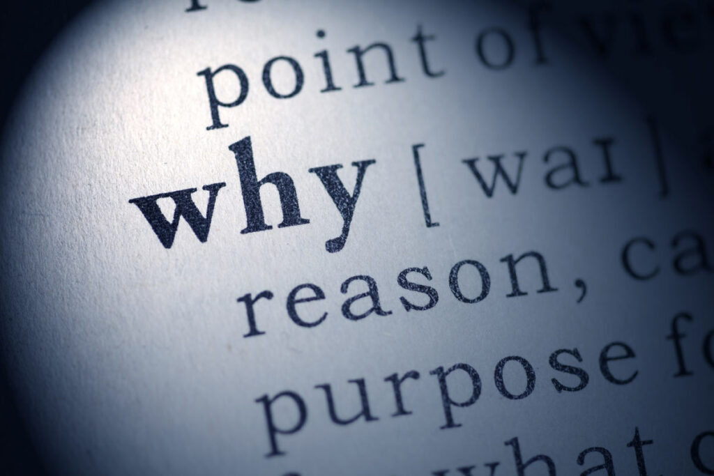 Focus on why illustrated by a spotlight on the definition of Why in a dictionary using words like reason and purpose.