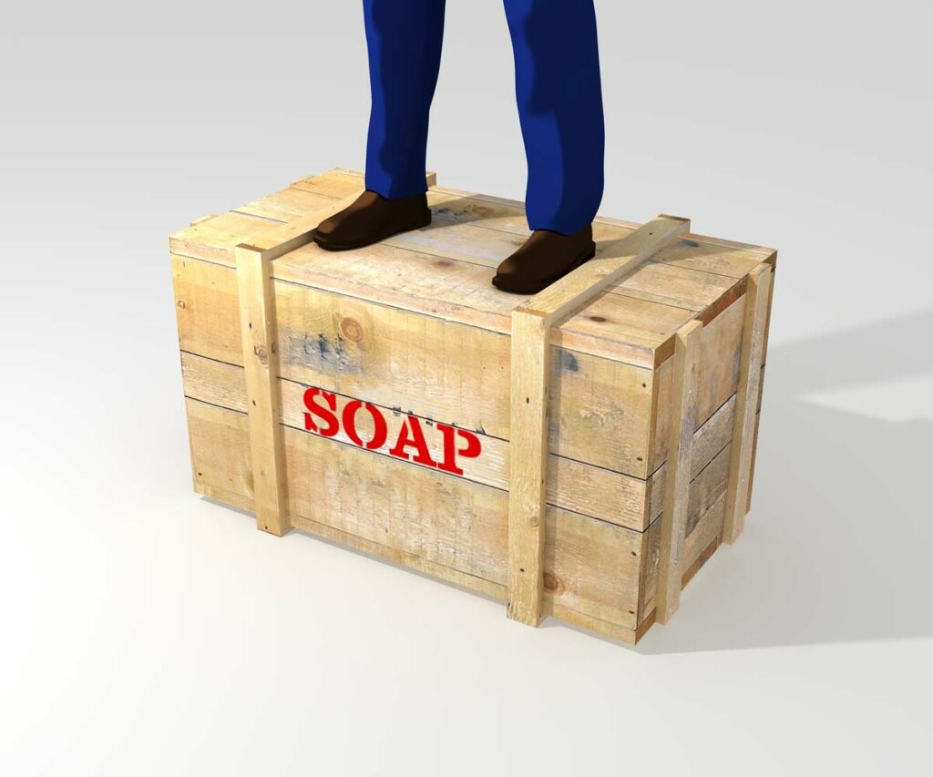 illustration of a man standing on a soap box with only the shoes and legs visible.